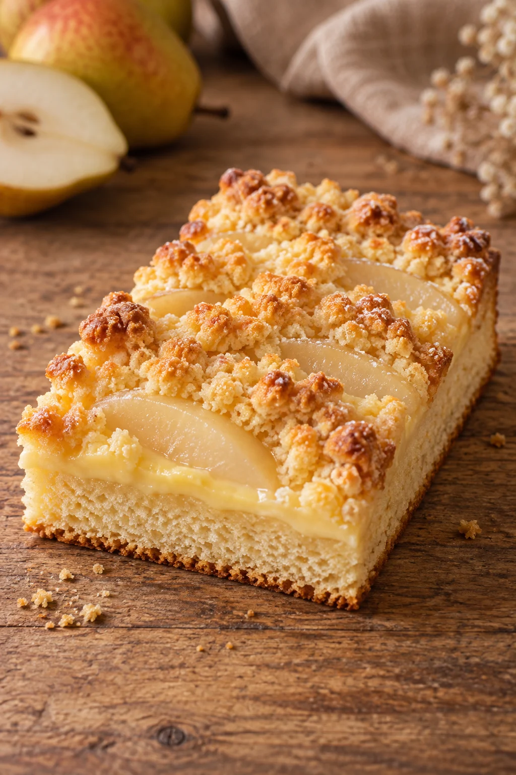 Birnenstreuselkuchen mit Pudding und Streuseln