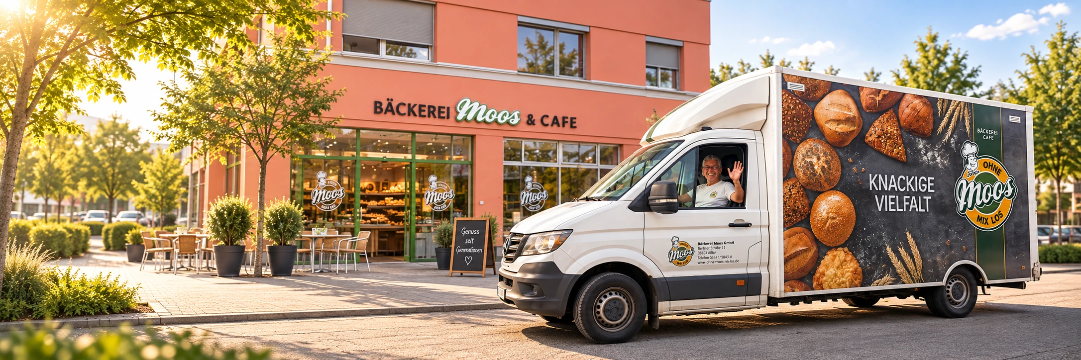 Bäckerei Moos Lieferwagen vor einer Filiale